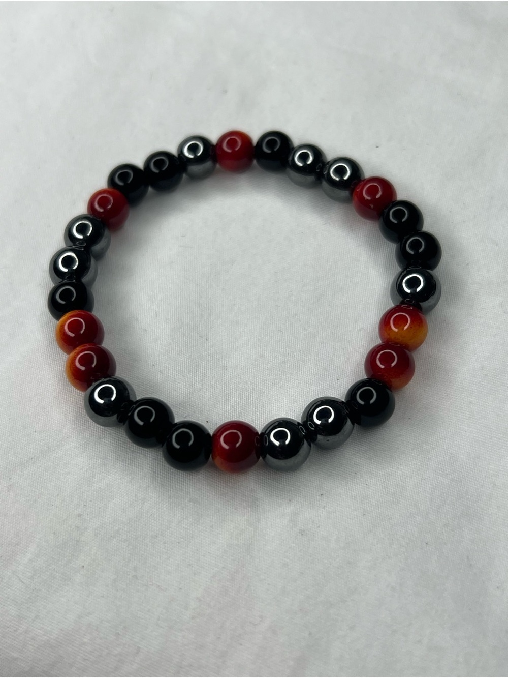 Red tiger eye and Black zinc Beaded Stretch Bracelet -